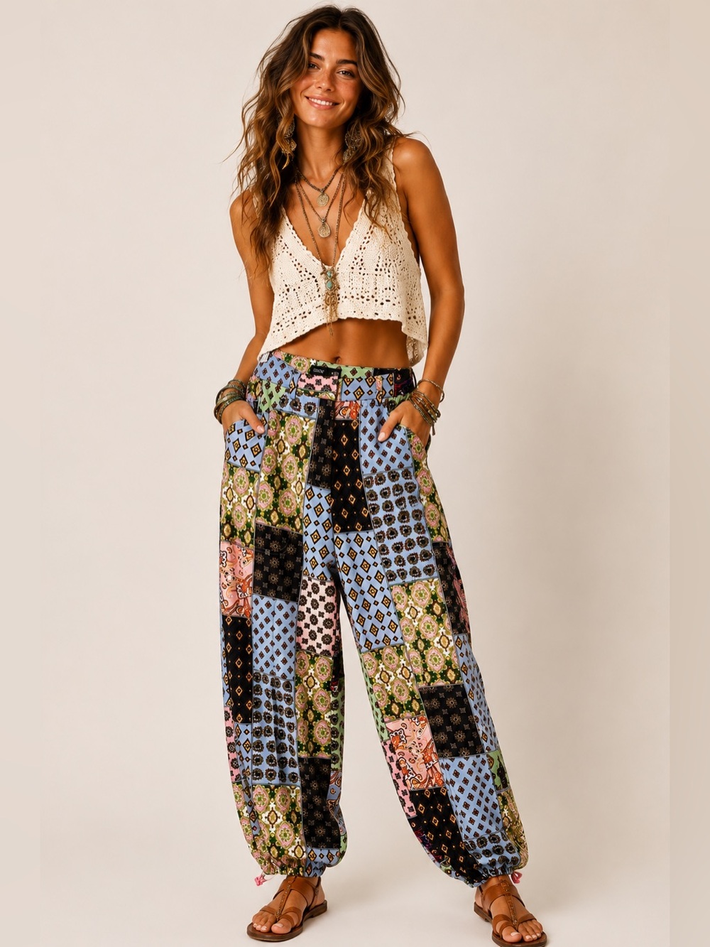 Boho Patchwork Paisley Balloon Pants Drawstring Parachute Y2K Festival Prairie